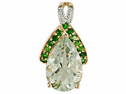 3.68ct prasiolite pear shape quantum cut(R) and .33ctw chrome diopside round, pendant, 10k yellow gold. Measures 13/16 inch in the drop and 7/16 inch in width. 2mm bail.